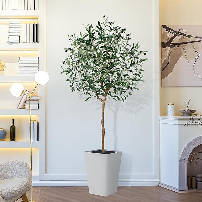 Artificial Olive Tree with White Tall Planter, 5ft Tall Potted Decorative Fake Olive Tree, Large Faux Silk Tree for Home Office Floor Room Decor Plant Indoor Outdoor, Housewarming Gift