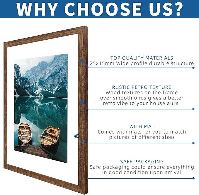 22x28 Frame Set of 2, Rustic Brown Wood Style - Display 18x24 Picture Frame with Mat or 22 x 28 Poster Frame without Mat, Wall Mounting Horizontal and Vertical