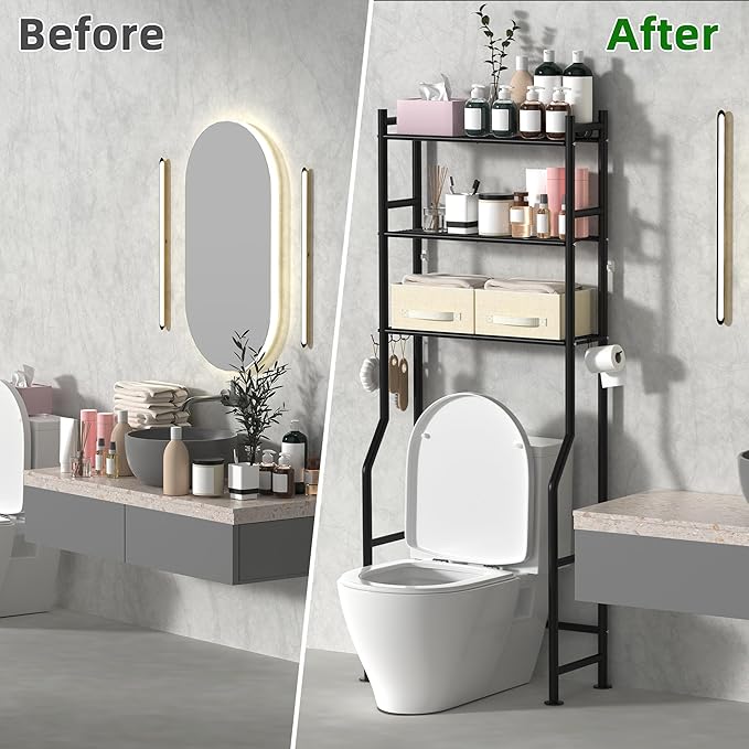 3 Tier Over The Toilet Storage Rack with 2 Basket, Metal Freestanding Bathroom Shelves Toilet with Paper Holder and 4 Hooks, Over Toilet Storage Shelf for Bathroom Storage, Black