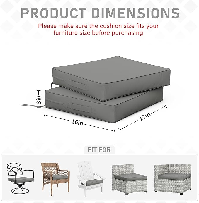 Patio Chair Cushions 17 X 16 X 3 Inch Waterproof Outdoor Seat Cushions for Patio Furniture, Outdoor Sofa Couch Pads with Ties & Handle, Set of 2, Light Grey