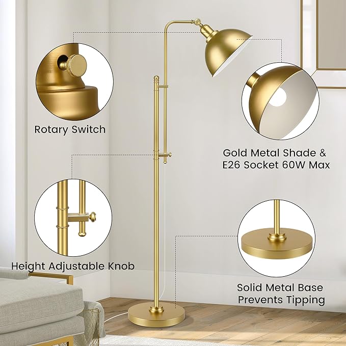 PARTPHONER Industrial Floor Lamp Adjustable, Rustic Farmhouse Reading Lamp in Aged Gold Finish, Modern Standing Lamp with Remote Control Metal Shade for Living Room Bedroom Study Room Office Hotel