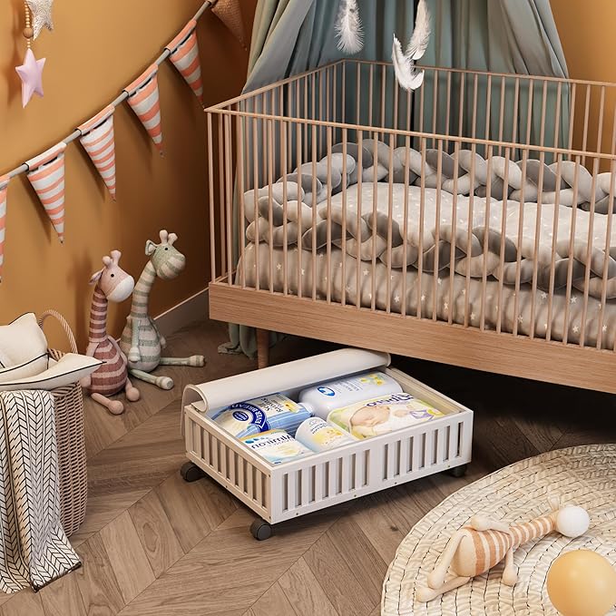 Bamboo Under Bed Storage Containers with Wheels, Rolling Under the Bed Shoe Storage Bins, Wood Stackable Underbed Drawers with Bag Organizer for Bedroom Closet Clothing Sweater Under Crib Toy White