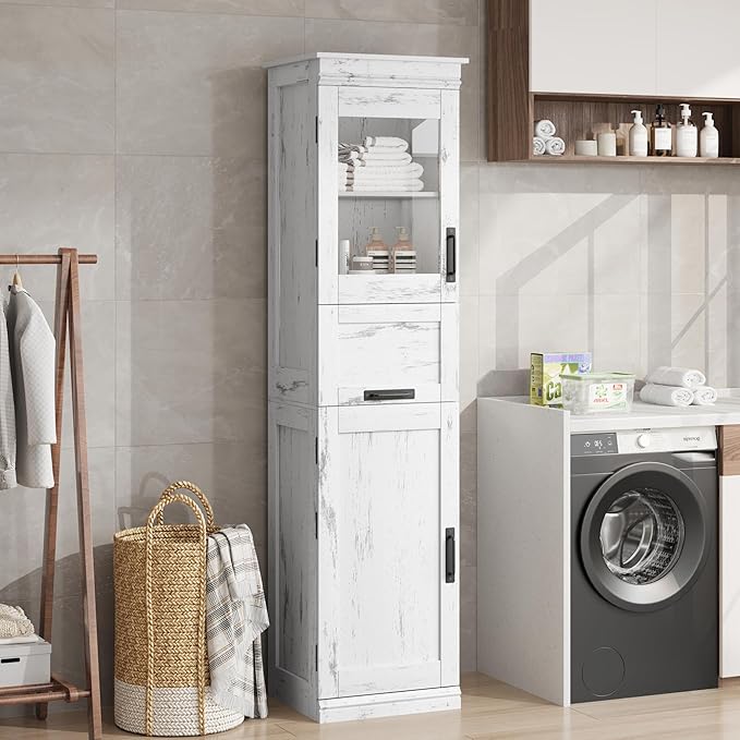 GarveeHome 70" Tall Bathroom Cabinet, Narrow Storage Cabinet with Doors and Adjustable Shelf, Freestanding Linen Slim Cabinet for Laundry Room, Kitchen, Small Space, Antique White