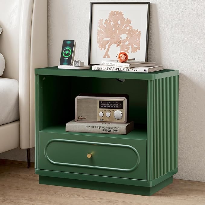 Fluted Nightstand with Charging Station Set of 2, Modern Wood Nightstand with Drawer Storage, Night Stand Bedside Table with Type-C and USB Ports, Night Stand for Bedroom, Green