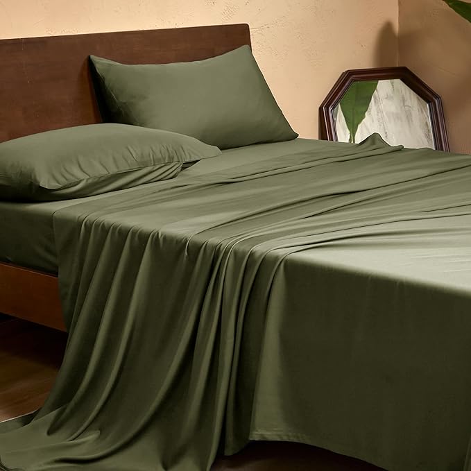 EVERLY Queen Sheets Set,Luxuriously 400 Thread Count Organic Viscose Derived from Bamboo Bed Sheet,Cooling Sheets for Queen Size 4 Piece Deep Pockets Bedding Sheets &Pillowcases-Olive Green