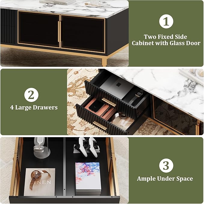 Coffee Table, Black Center Table for Living Room, Modern Large Coffee Tables with Storage 4 Drawers & 2 Glass Door Storage, Faux Marble Top, Gold Metal Leg, Hidden Compartment for Reception Room