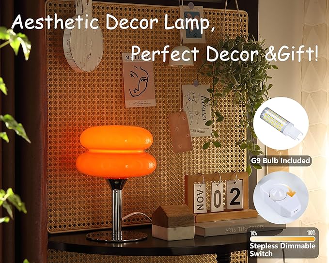 Mushroom Lamp for Bedroom,Mid Century Modern Lamp for Nightstand, Dimmable Retro Egg Tart Bedside Small Lamps,Unique Home Mushroom Decor Aesthetic Cute Table Lamps for Living Room(Orange Red)
