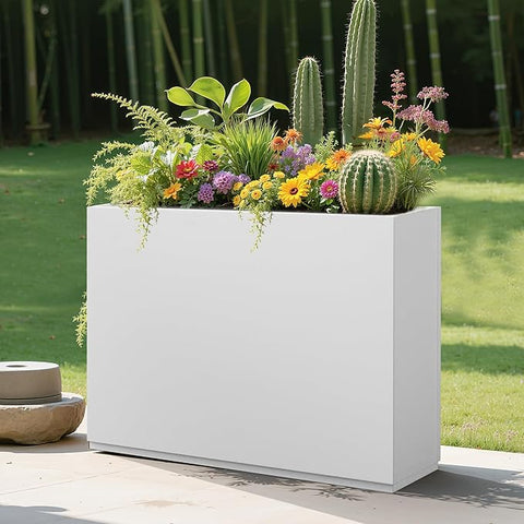 Large Rectangle Planter Metal White Planter Box with a Drainage Hole and a Removable Divider Indoor Outdoor Porch Pots for Tall Plants, Trees, Flowers 35.43" x 9.06" x 25.59" White