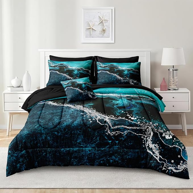 Black Marble Comforter Set 8 Pcs Turquoise Blue Bedding Set King Size Bed in A Bag Blue and Black Stone Texture Abstract Room Decor Black Marble Bed Comforter