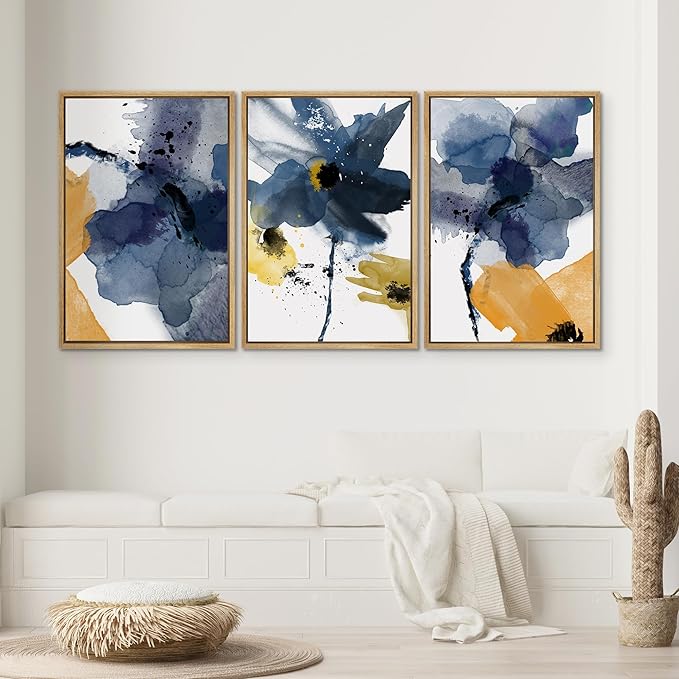 SIGNWIN Framed Canvas Wall Art Blue and Orange Blossoms Botanical Flower Watercolor Modern Art Tropical Relax/Calm for Living Room, Bedroom, Office - 24"x36"x3 Natural