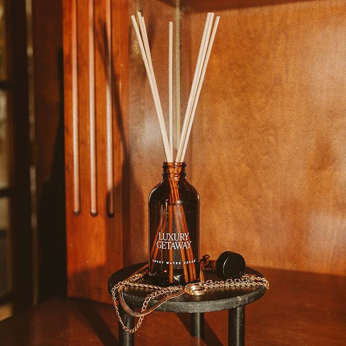 Sweet Water Decor Luxury Getaway Reed Diffuser Set - Room Diffuser with Leather, Amber & Musk Scent - Hotel Scent Diffuser Lasts for 4 Months - Home Diffuser with Premium Fragrance Oils