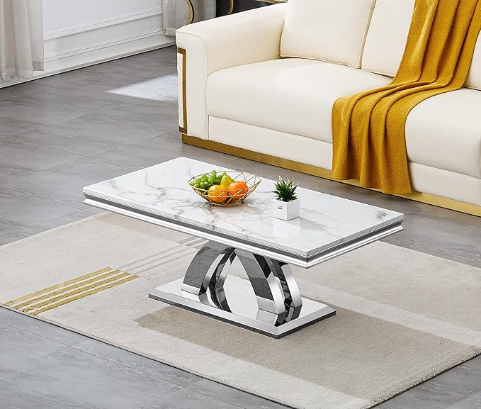 SSLine Rectangular Faux Marble Coffee Table for Living Room Modern Luxury White Marble Center Table with Silver Pedestal Base 46.8" Mid-Century Cocktail Table with Mirrored Stainless Steel Frame