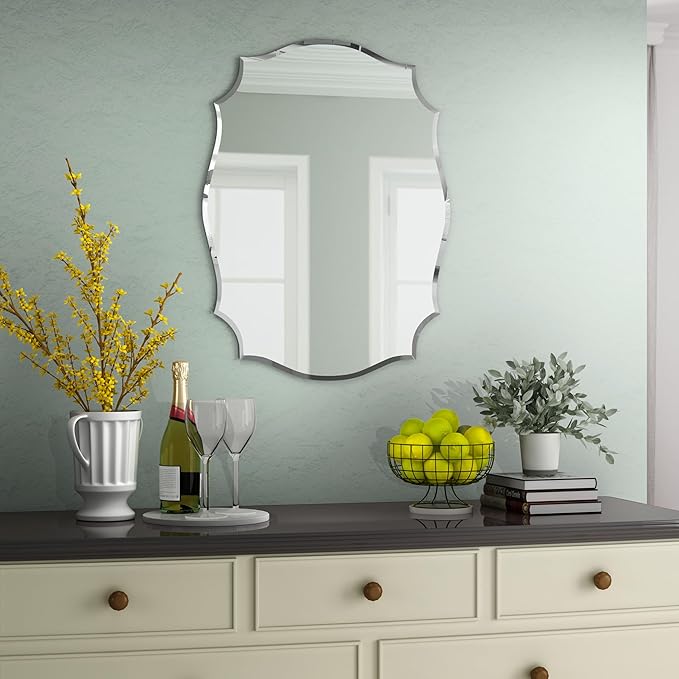 KOHROS Scalloped Beveled Edge Bathroom Mirrors for Over Sink 18" x 24" Silver Frameless Wall Mirror for Bathroom Vanity Entryway