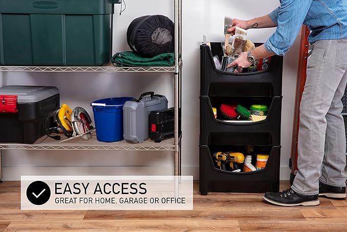 Mighty Tuff Jumbo Stackable Storage Bins, Pack of 3, Easy-Access Storage, Large Easy-To-Grip Handles, Wide Front Opening, Interlocking, Stack Vertically, Black