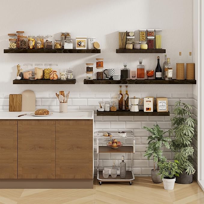 fuqing Floating Shelves for Wall - 55 Inch Wide x 9.3 Inch Deep Natural Wood Shelves Set of 1 - Wooden Wall Mounted Shelves with Upgraded Metal Brackets for Room Wall