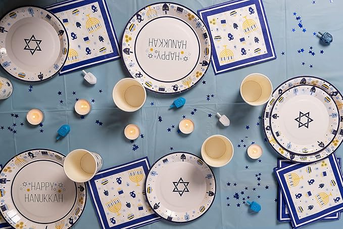 Happy Hanukkah Tableware Pack: Disposable Paper Plates, Napkins and Cups Set for 20