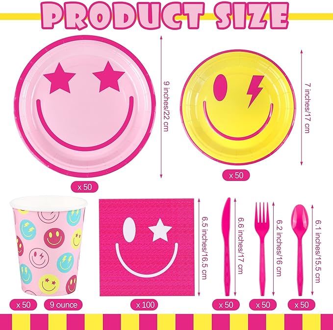 400 Pieces Preppy Smiley Face Party Tableware Set Paper Smile Face Plates Napkins Paper Cups Cutlery for Preppy Birthday Party Decorations Baby Shower Decor, Serve 50 Guest