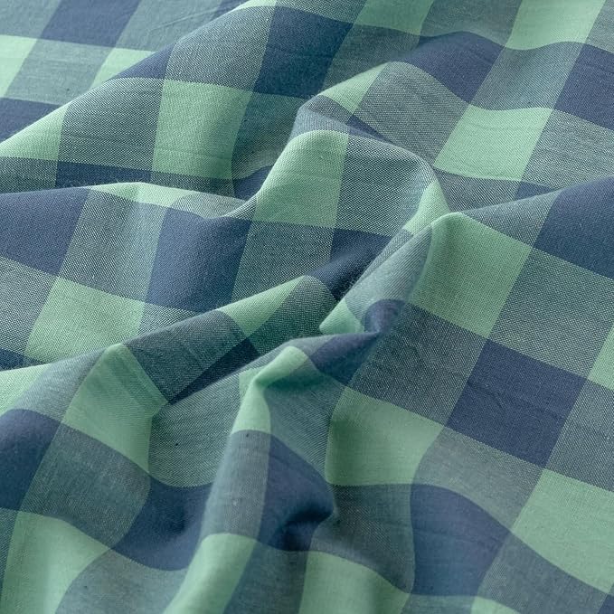 VM VOUGEMARKET Green Plaid Bedding Set Queen 3 Pieces Denim Blue Checkered Duvet Cover with Zipper Ties 2 Pillowcases 100% Washed Cotton Luxury Soft Breathable Durable