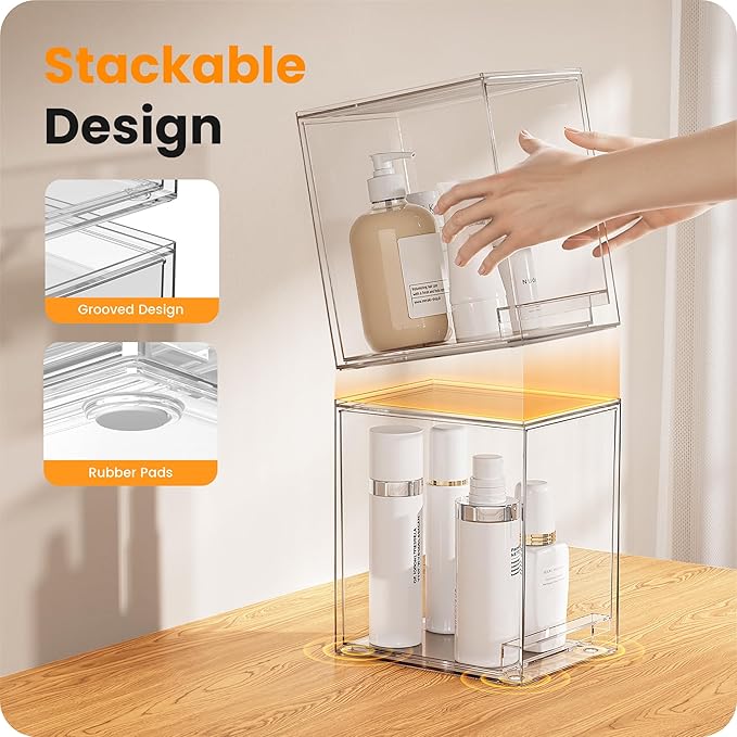 A-LuGei 【𝟰𝗣𝗖𝗦】 Acrylic Stackable Storage Drawers, 8.7" H Makeup Organizer, Bathroom Organizer and Storage, Plastic Storage Bins for Kitchen Cabinet Pantry Medicine Fridge