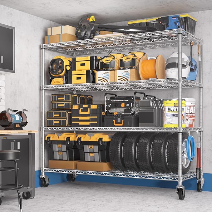 PrimeZone 4 Pack Storage Shelves 55.5"W x 24"D x 76"H 4 Tier with Wheels, Adjustable Wire Shelving Garage Heavy Duty Shelves Unit, Rolling Metal Organizer Shelf Utility Rack Warehouse, Pantry, Chrome