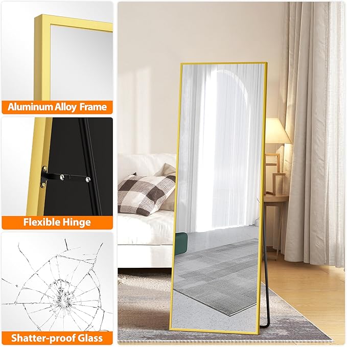 Standing Mirror Full Length Mirror,15" x 56" Large Floor Mirror with Aluminium Frame for Door Bedroom Bathroom Living Room(Gold)