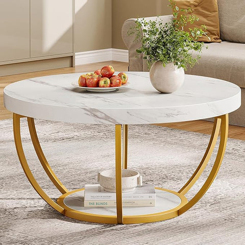 Tribesigns Modern Round Coffee Table, 2 Tier Coffee Table with Faux White Marble and Golden Metal Legs, Circle Center Table Tea Table Accent Furniture for Living Room, White and Gold