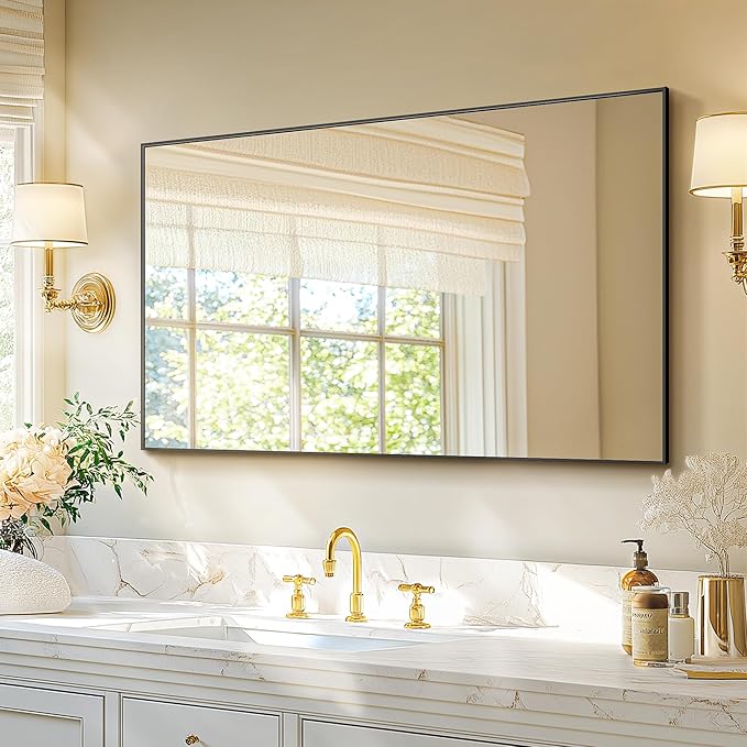 Bathroom Vanity Mirror for Wall, 48" x 30" Metal Framed Rectangular Bathroom Wall Mirror for Over Sink, HD Shatterproof Glass, Hangs Horizontally or Vertically(Black)