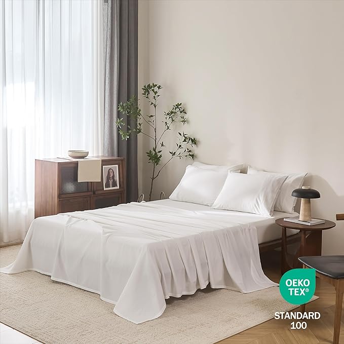 100% Cotton 6-Piece King Size 108" x 102" Bedding Set - Fitted Sheet, Flat Sheet & 4 Pillowcases with 17" Deep Pocket,Soft Breathable Bed Sheets for Cozy Sleep,Off White