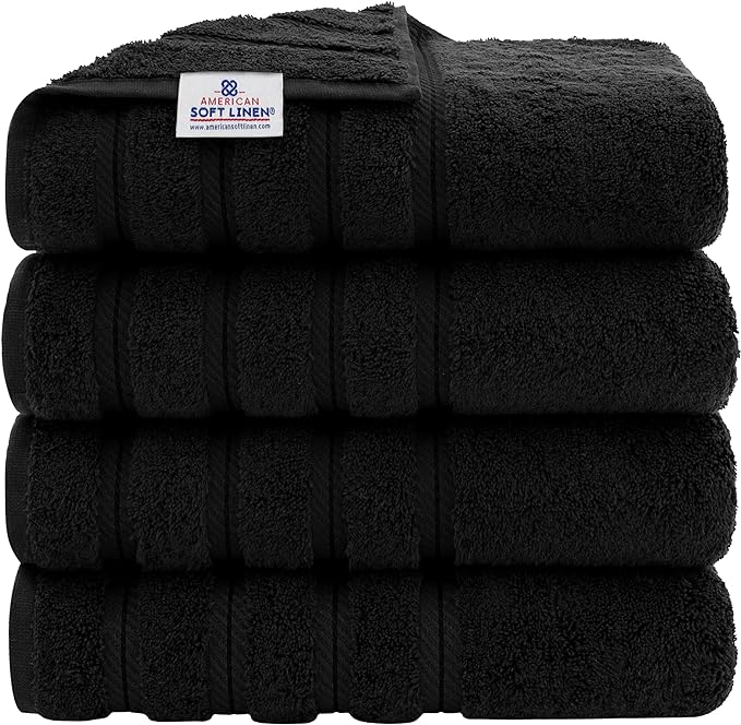 American Soft Linen Luxury 4 Piece Bath Towel Set, 600 GSM 100% Cotton Turkish Bath Towels for Bathroom, 27x54 in Extra Large Bathroom Shower Towels, Black