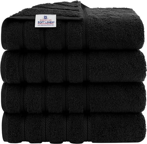 American Soft Linen Luxury 4 Piece Bath Towel Set, 600 GSM 100% Cotton Turkish Bath Towels for Bathroom, 27x54 in Extra Large Bathroom Shower Towels, Black