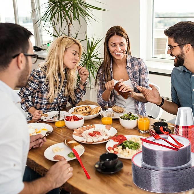 N9R 600PCS Red Disposable Plates, Heavy Duty Plastic Dinnerware Set for 100 Guests Includes 100 Dinner & Dessert Plates, Cups, Spoons, Forks, and Knives, Perfect for Parties, Weddings,and Daily Use
