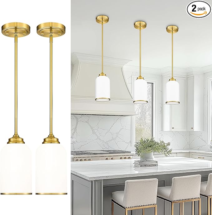 LIROUVET 2 Pack Pendant Lights, Vintage Hanging Lamp, Brushed Gold Pendant Lights Kitchen Island with Milk Glass, Pendant Lighting for Dining Room PL02 MGBG-2PK