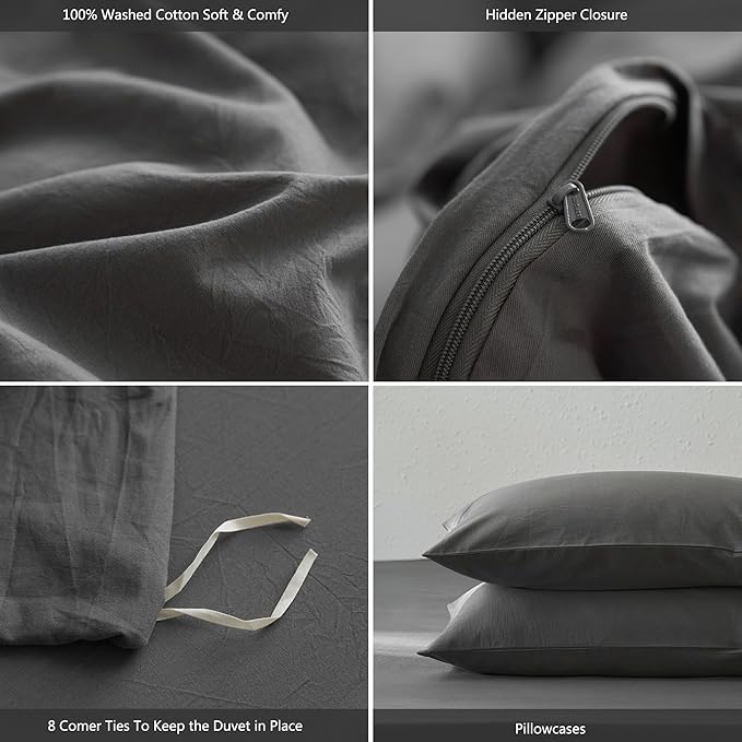 MooMee Queen Duvet Cover Set, 100% Washed Cotton Linen Like Twill Thick Sturdy Material Super Soft Breathable Durable Bedding for All Season, 3 Pieces (Dark Gray, Queen 90"x90")