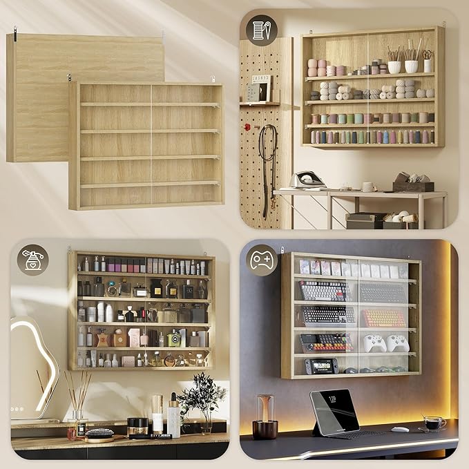 HOMCOM 5-Tier Display Cabinet, Glass Door Cabinet with Adjustable Shelves, Wall-Mounted Display Case for Playroom, Bedroom, Oak
