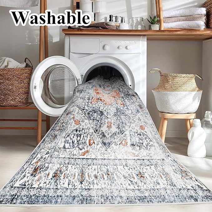 Area Rug 6x9 Washable Rug Gray Vintage Traditional Floor Cover Thin Retro Kitchen Indoor Distressed Non Slip Carpet Floral Print Mat Living Room Bedroom Dining Room