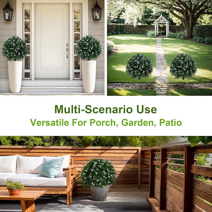 Boxwood Balls Topiary Trees Artificial Outdoor 2 Pack - 25.6in UV Resistant PE Greenery with White Flowers, Sturdy Aluminum Spikes Faux Plants for Patio Garden Porch Decor | Outdoor Artificial Plants