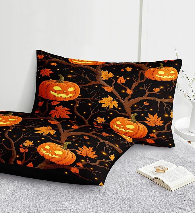 Black Pumpkin Bedding Happy Halloween Comforter Set Orange Pumpkin Lantern Spooky Ghost Festival Theme Black Halloween Bedding Set Queen Size