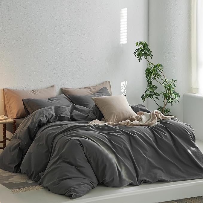 MooMee Queen Duvet Cover Set, 100% Washed Cotton Linen Like Twill Thick Sturdy Material Super Soft Breathable Durable Bedding for All Season, 3 Pieces (Dark Gray, Queen 90"x90")