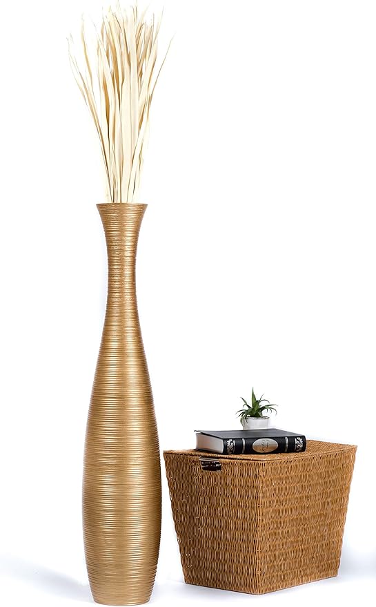 Leewadee Large Gold Home Decor Floor Vase – Wooden 41 inches Tall Farmhouse Decor Flower Holder for Fake Plant and Pampas Grass