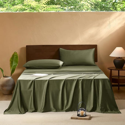EVERLY Queen Sheets Set,Luxuriously 400 Thread Count Organic Viscose Derived from Bamboo Bed Sheet,Cooling Sheets for Queen Size 4 Piece Deep Pockets Bedding Sheets &Pillowcases-Olive Green