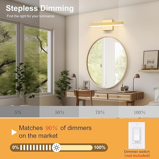 Gold Bathroom Vanity Light 15.75 inch, 12W Dimmable 5CCT LED Modern Bathroom Light Fixture Over Mirror - ETL Certificated