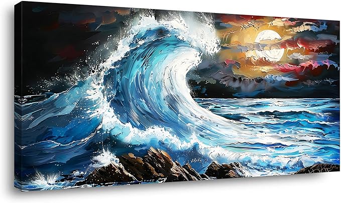 Waves Under The Moonlight Wall Art Decor Artwork for Bedroom (30x60 Inches)
