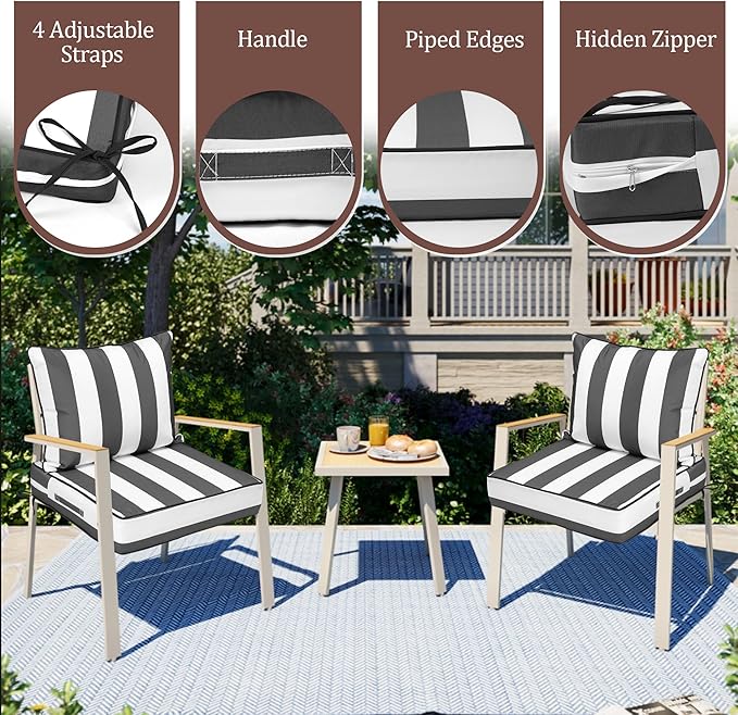 Waterproof Outdoor Chair Cushion Set of 3, 24x24x5 IN Deep Seat Patio Cushions with Fade Resistant Removable Cover,Outdoor Cushions for Patio Furniture with Ties&Handle for Chair Sofa Couch,GrayStripe
