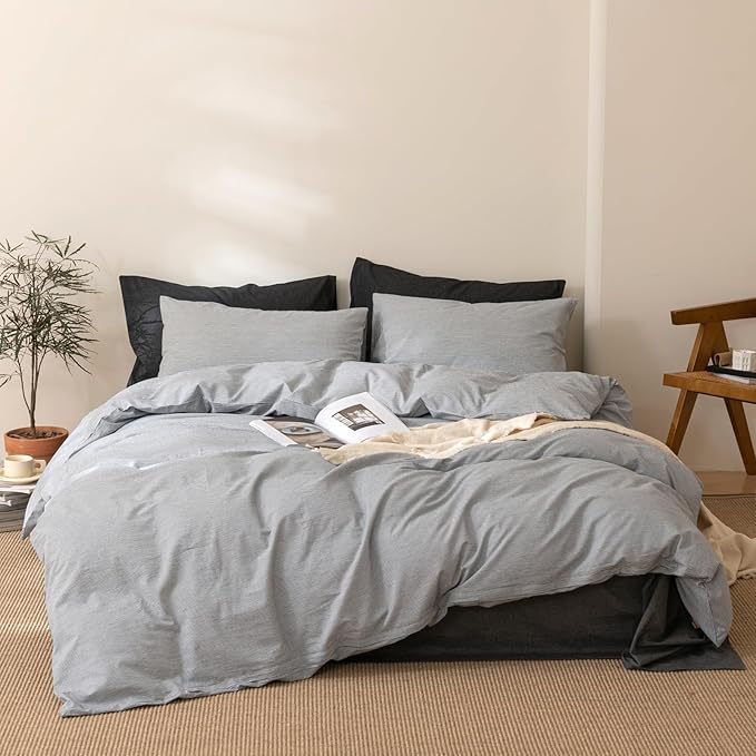 VM VOUGEMARKET Pinstriped Duvet Cover Set Queen 100% Washed Cotton Bedding Set,Grey Ticking Stripes Pattern Duvet Cover with Zipper Closure (3pcs, Horizontal Stripes)