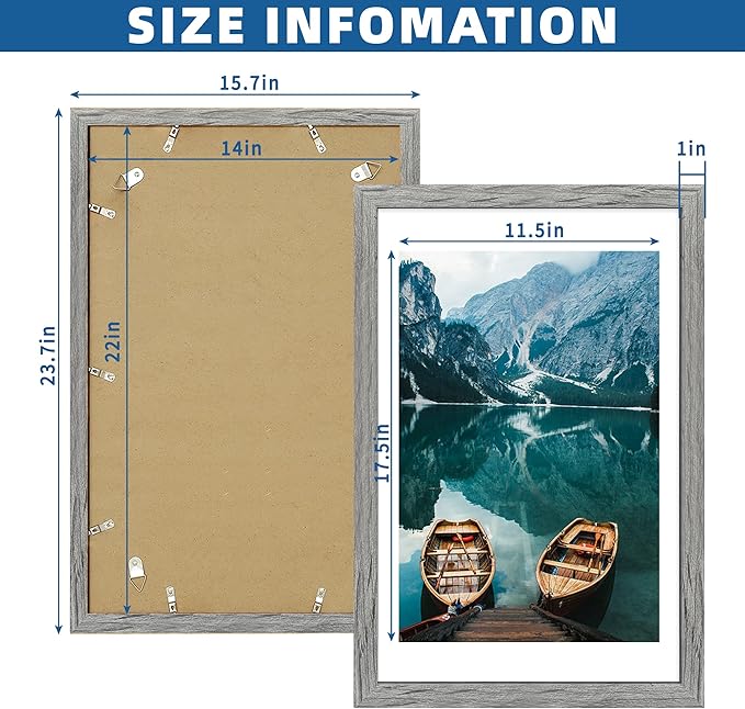 14x22 Picture Frame Set of 2, Rustic Grey Wood Style - Display 14 x 22 Picture without Mat or 12x18 Picture with Mat, Wall Mounting Horizontal and Vertical
