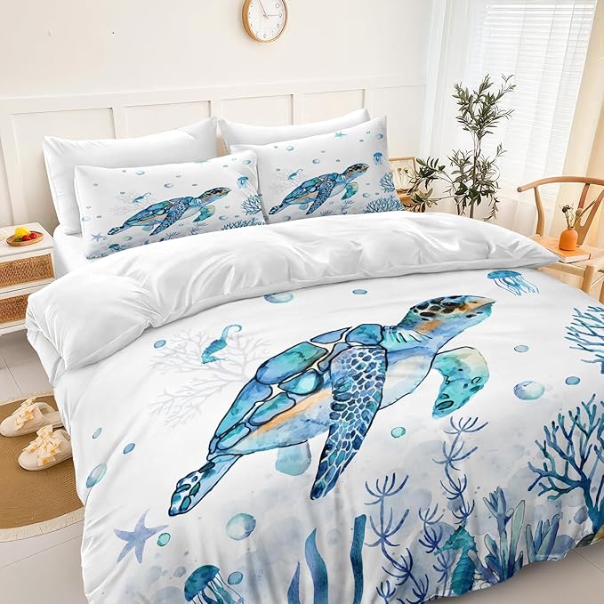 Sea Turtle Comforter Ocean Beach Bedding Twin Size Set Teal Blue Turtle Sea Horse Starfish Ocean Theme Printed Coastal Comforter Set for All Season
