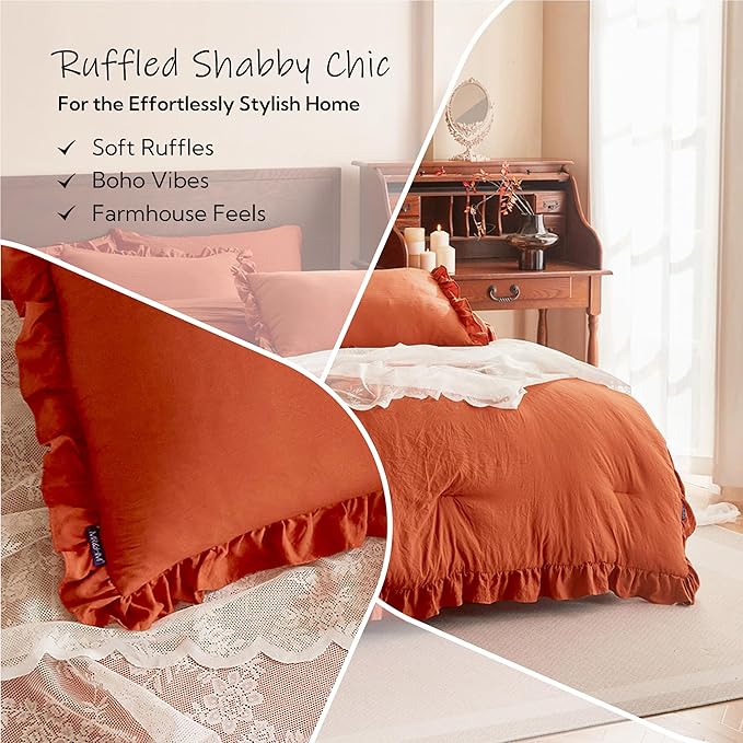 MR&HM Terracotta Ruffle Comforter Set, Twin Comforter Sets for College Dorm,Boho Bed in a Bag Set 5 Pieces with 1 Comforter,1 Flat Sheet, 1 Fitted Sheet,1 Pillowcases & 1 Pillow Shams for All Seasons