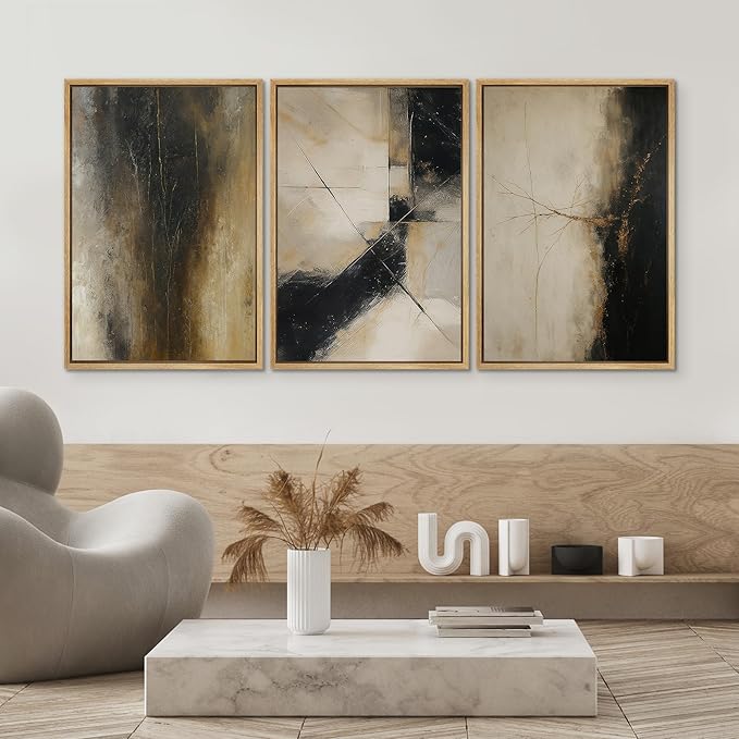 SIGNWIN Framed Canvas Print Wall Art Set Black and Gold Abstract Modern Geometric Illustrations Modern Art Decorative Rustic Calm/Zen for Living Room, Bedroom, Office - 24"x36"x3 NATURAL