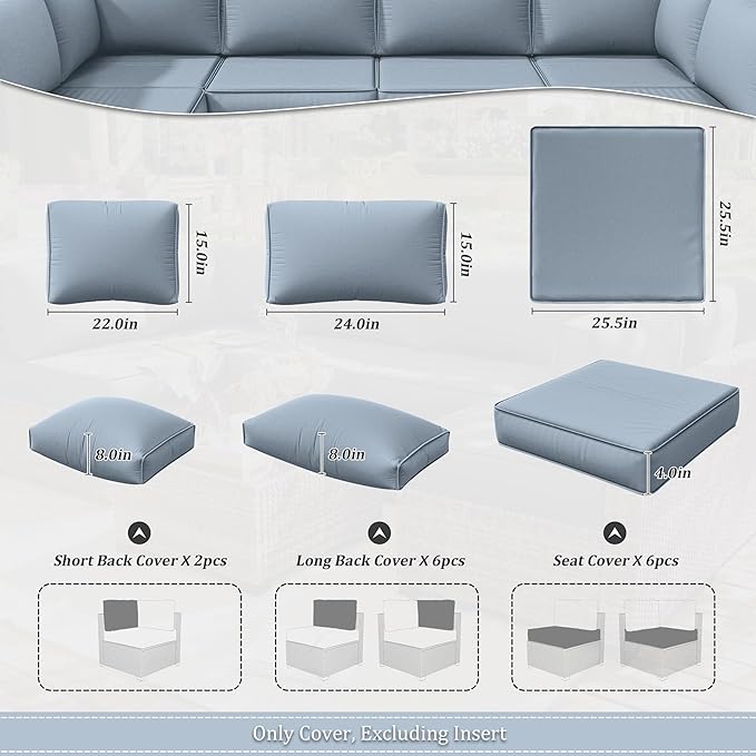 14 Pcs Outdoor Cushion Slipcovers Outdoor Patio Cushion Covers Replacement Waterproof with Zipper for Outdoor Furniture, Patio Sofa Couch 3 Sizes, Covers Only