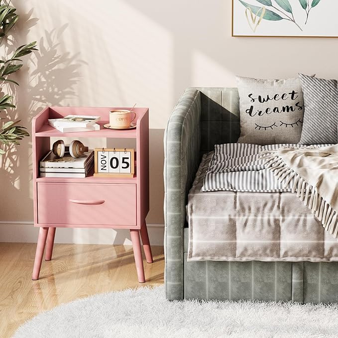 NightStand with Open Shelf,Night Stand with Drawer Storage Side Tables End Table,Bedside Table with Solid Wood Feet,Mid Century Night Stands for Bedroom Sofa Couch Small Spaces (Pink)